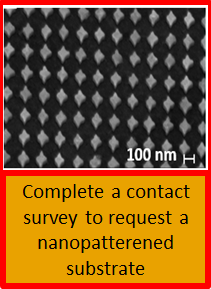 SEM picture of nanopillars with text saying "Complete a contact survey to request a nanopatterned substrate"