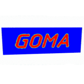 GOMA Logo - red letters on blue background