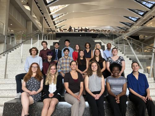 REU Students and mentors sitting on steps for group photo